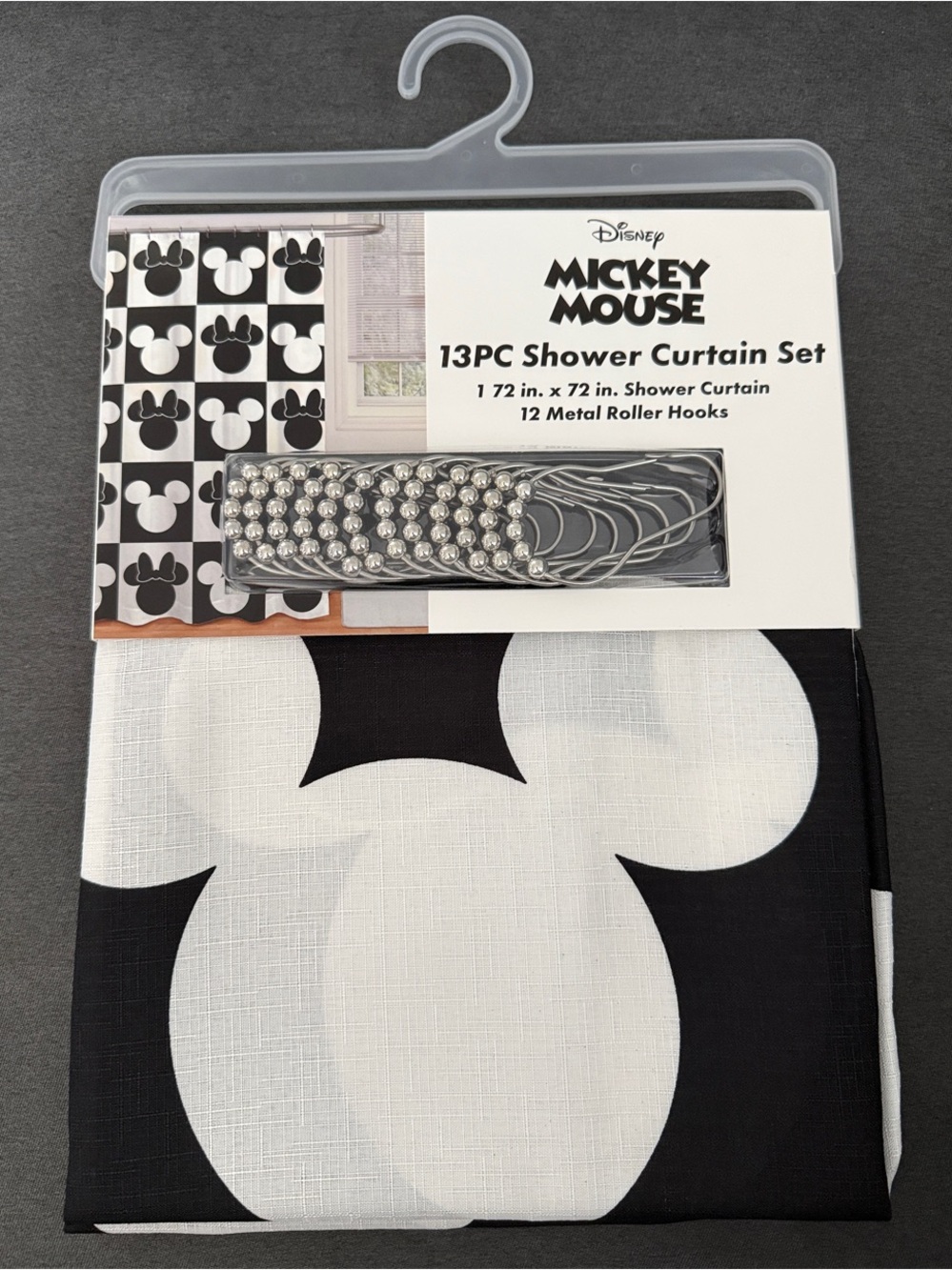 Disney Mickey Mouse Black and White Shower Curtain Set with Metal Roller Hooks